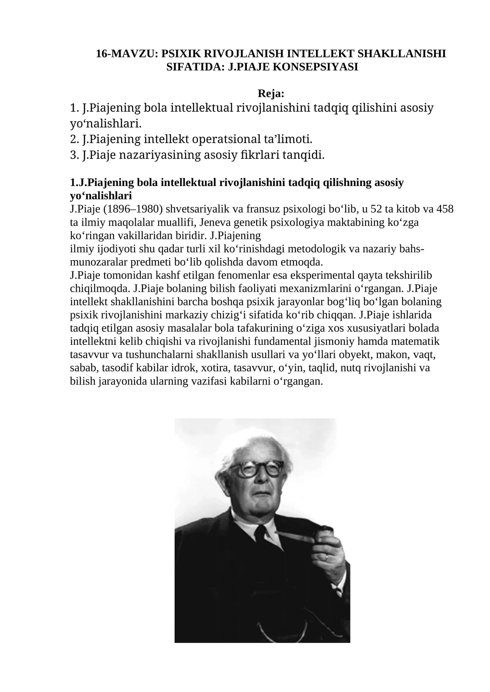 PSIXIK RIVOJLANISH INTELLEKT SHAKLLANISHI SIFATIDA: J.PIAJE KONSEPSIYASI
