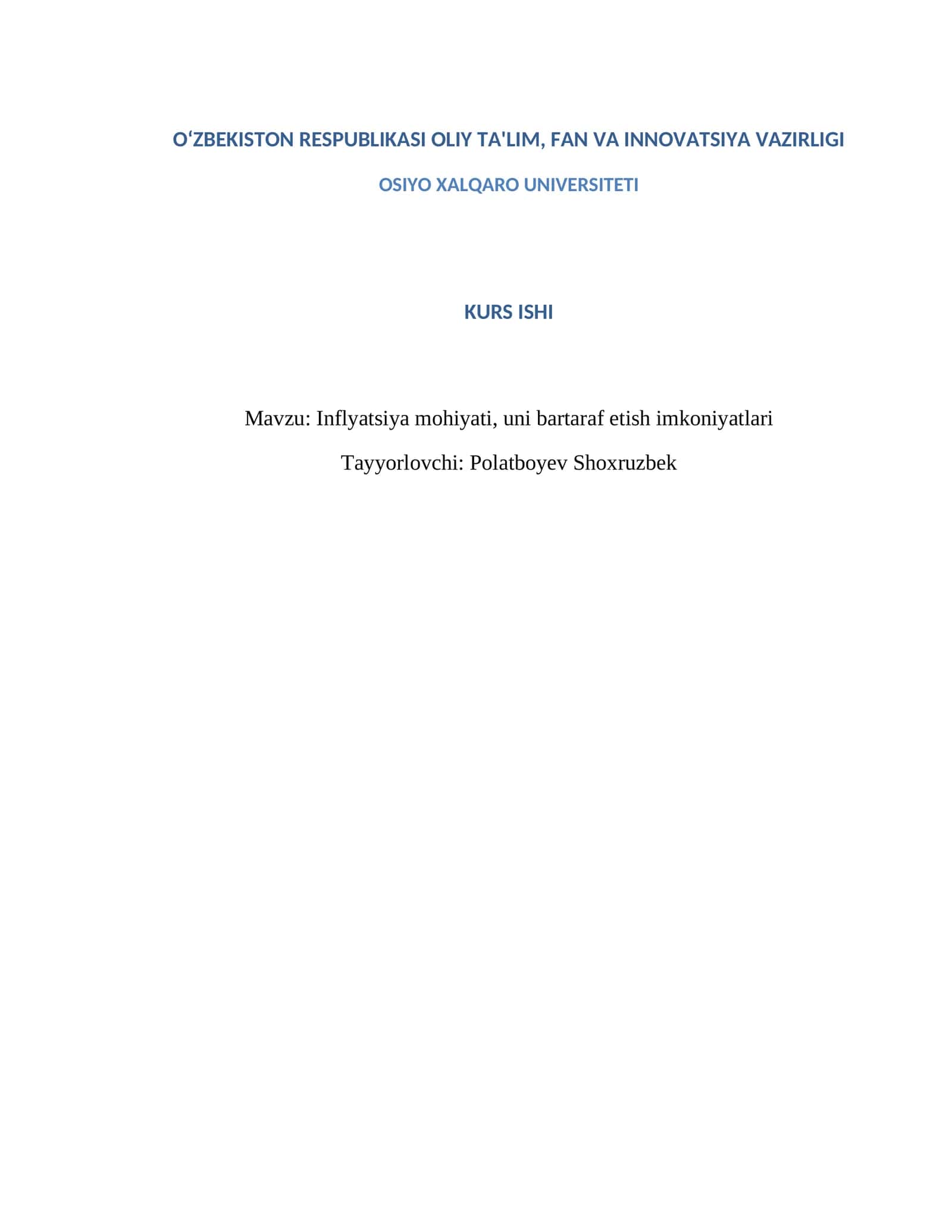 Inflyatsiya mohiyati, uni bartaraf etish imkoniyatlari