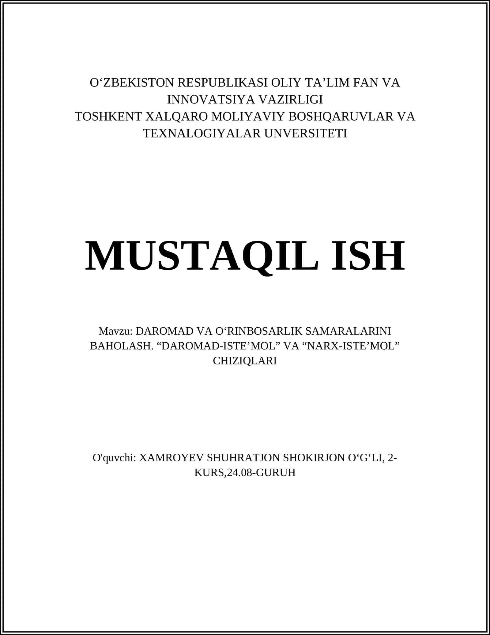 DAROMAD VA O'RINBOSARLIK SAMARALARINI BAHOLASH