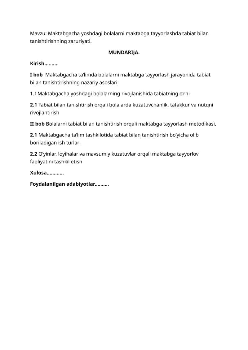 Maktabgacha yoshdagi bolalarni maktabga tayyorlashda tabiat bilan tanishtirishning zaruriyati