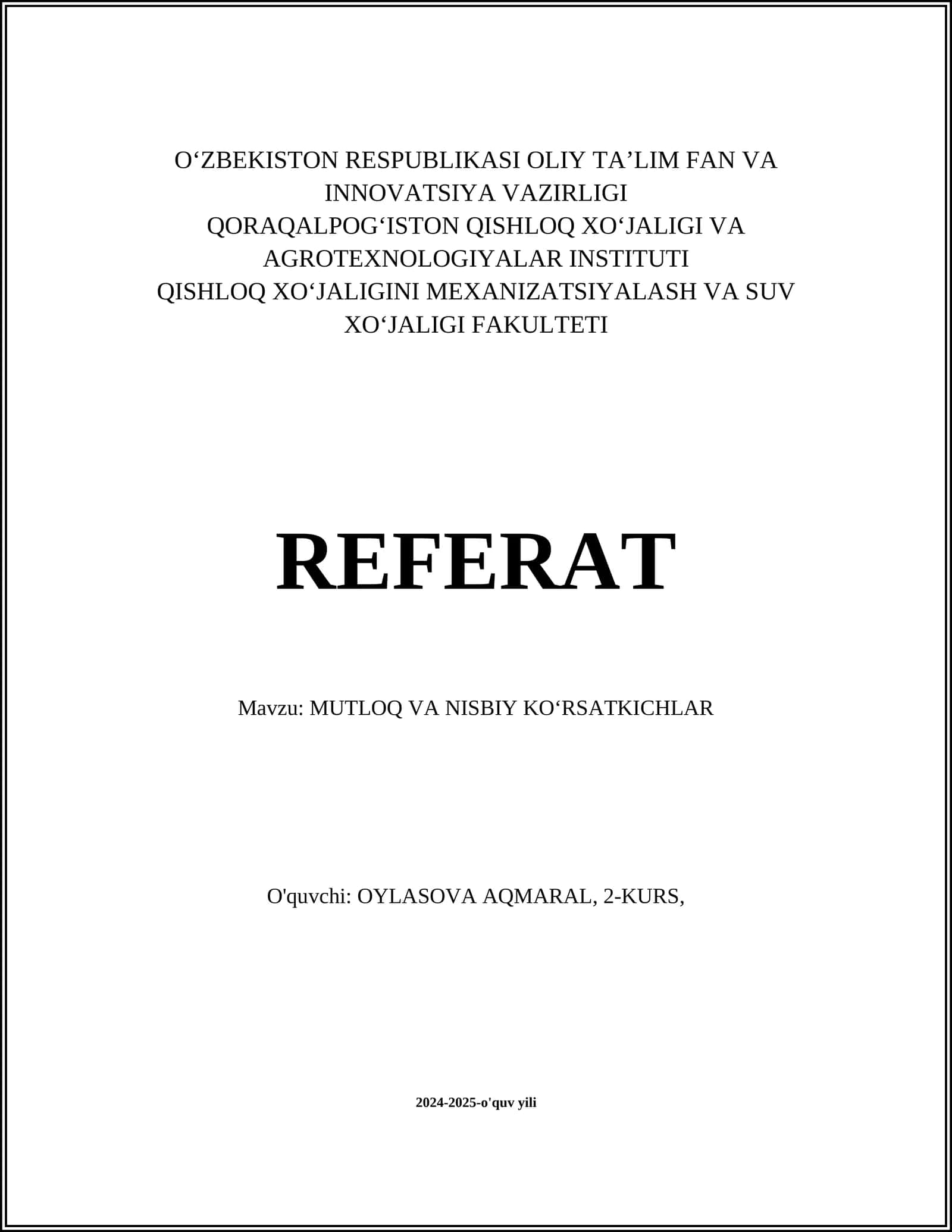 MUTLOQ VA NISBIY KOʻRSATKICHLAR