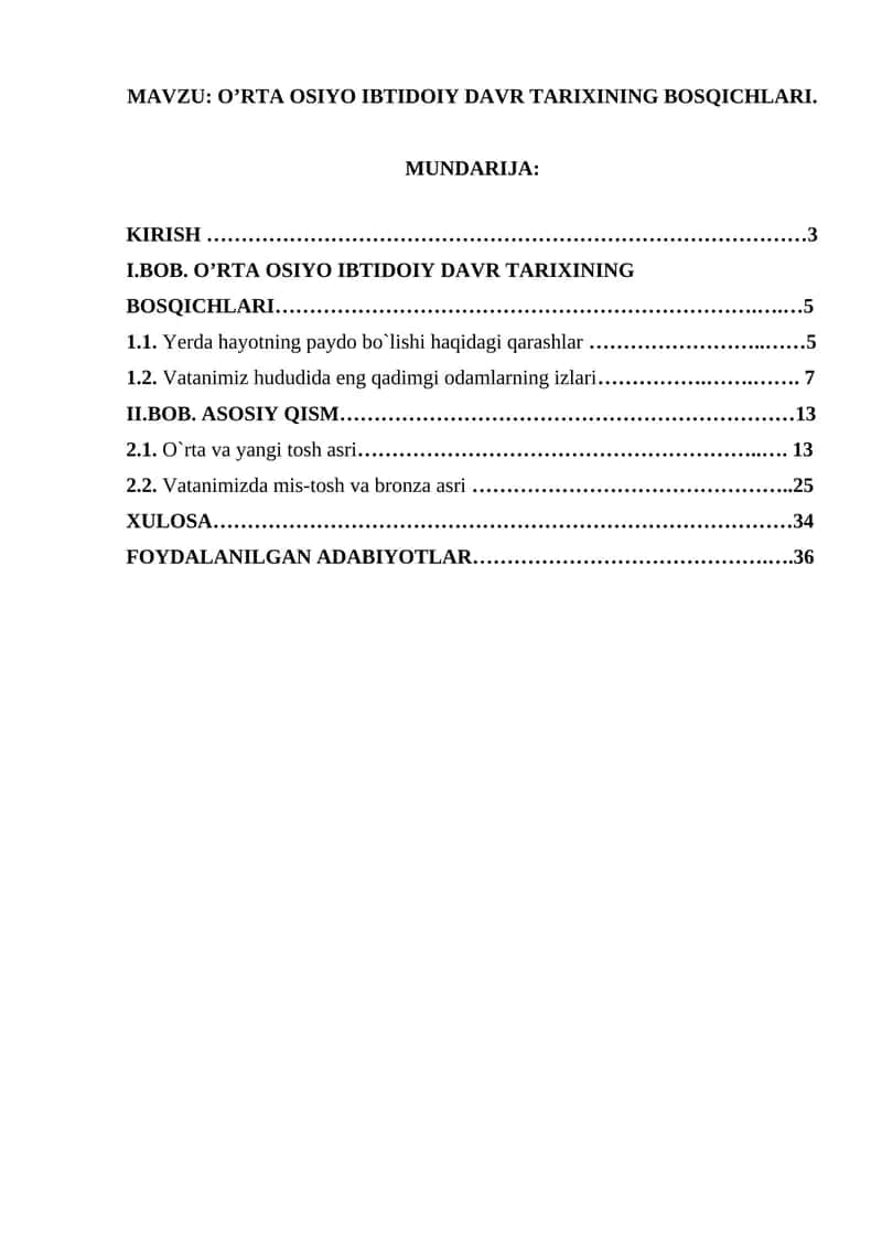 O’rta Osiyo Ibtidoiy Davr Tarixining Bosqichlari