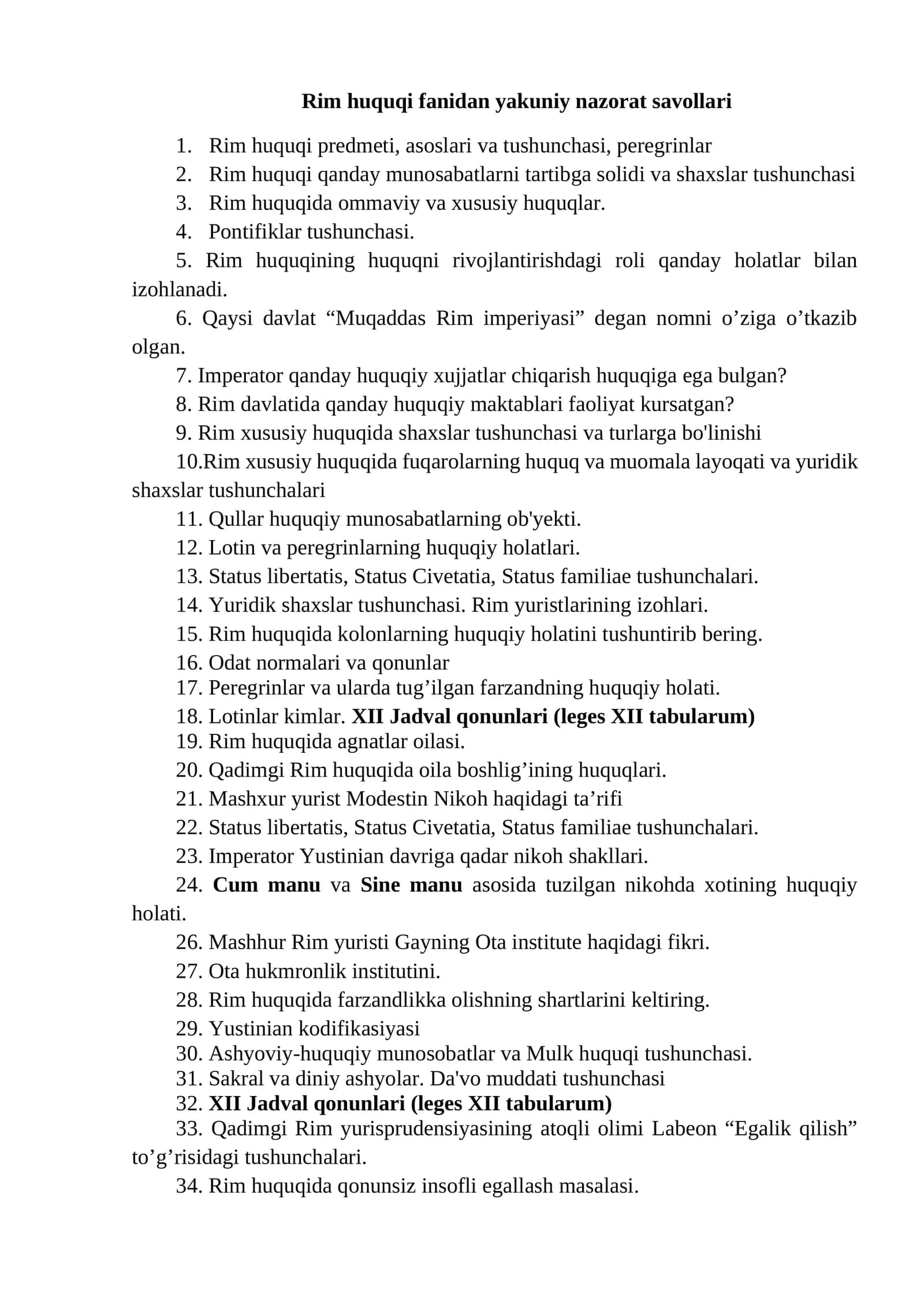 Rim huquqi fanidan yakuniy nazorat savollari