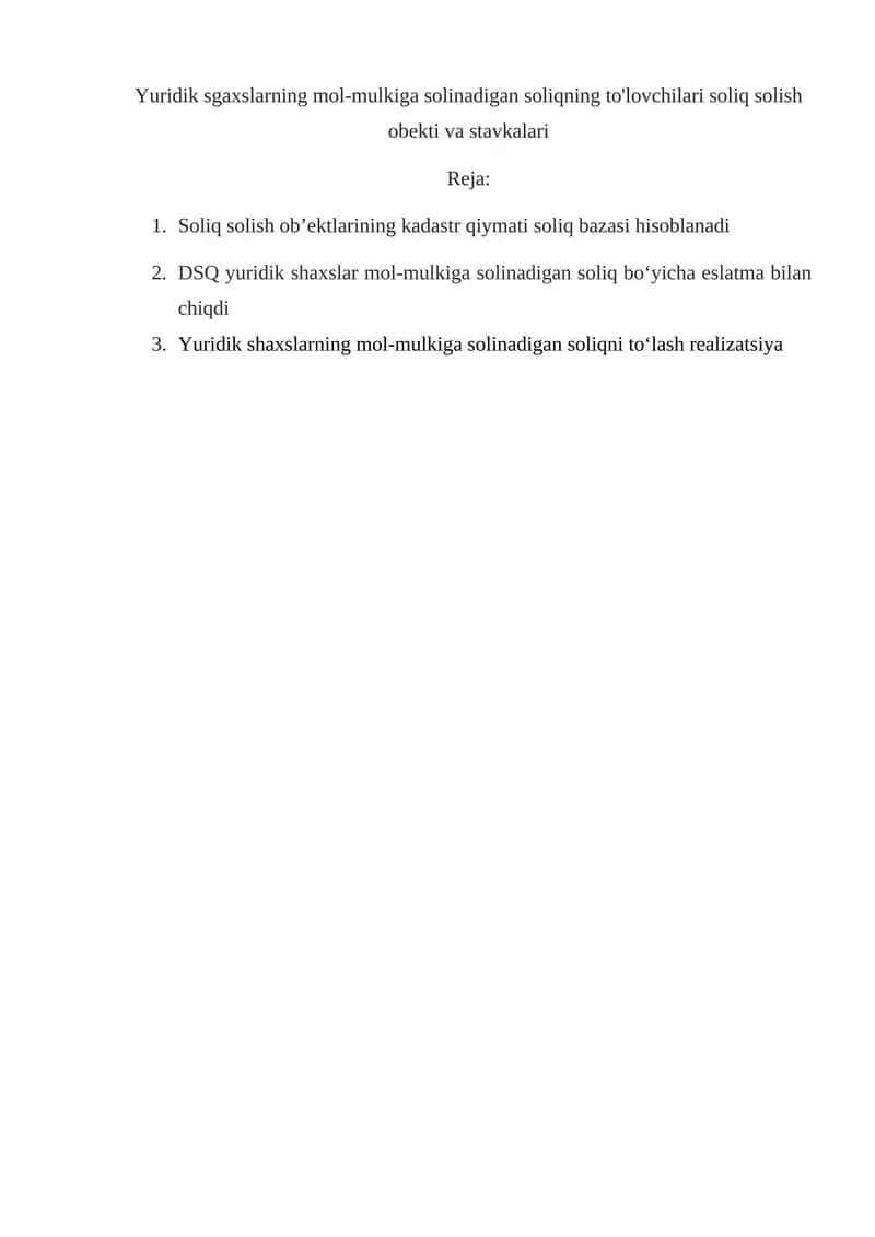 Soliqni hisoblab chiqarish maqsadida soliq bazasi