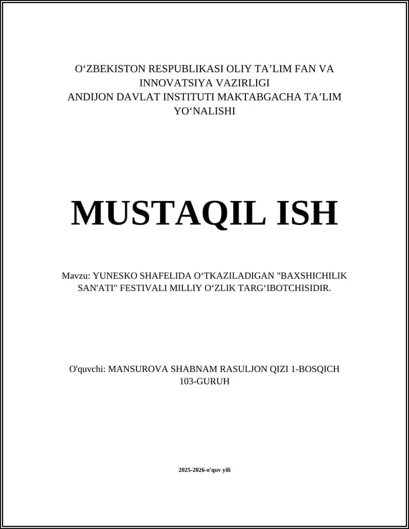 "YUNESKO SHAFELIDA OʻTKAZILADIGAN BAXSHICHILIK SAN'ATI FESTIVALI"