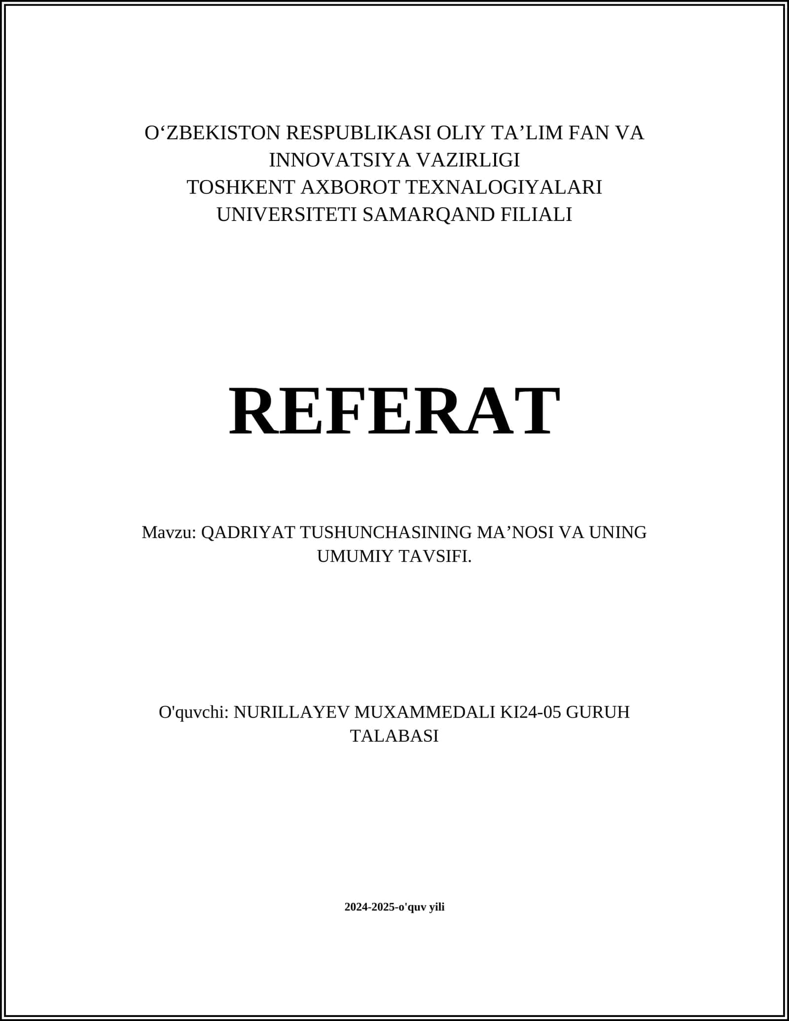 QADRIYAT TUSHUNCHASINING MA’NOSI VA UNING UMUMIY TAVSIFI