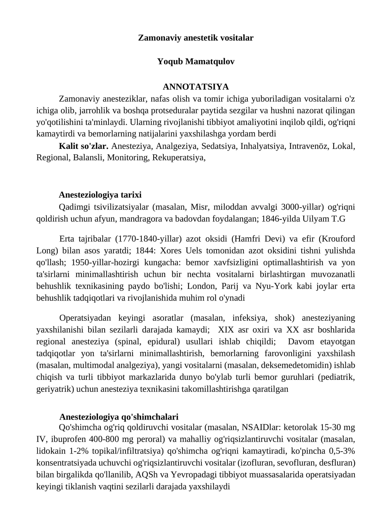 Zamonaviy anestetik vositalar