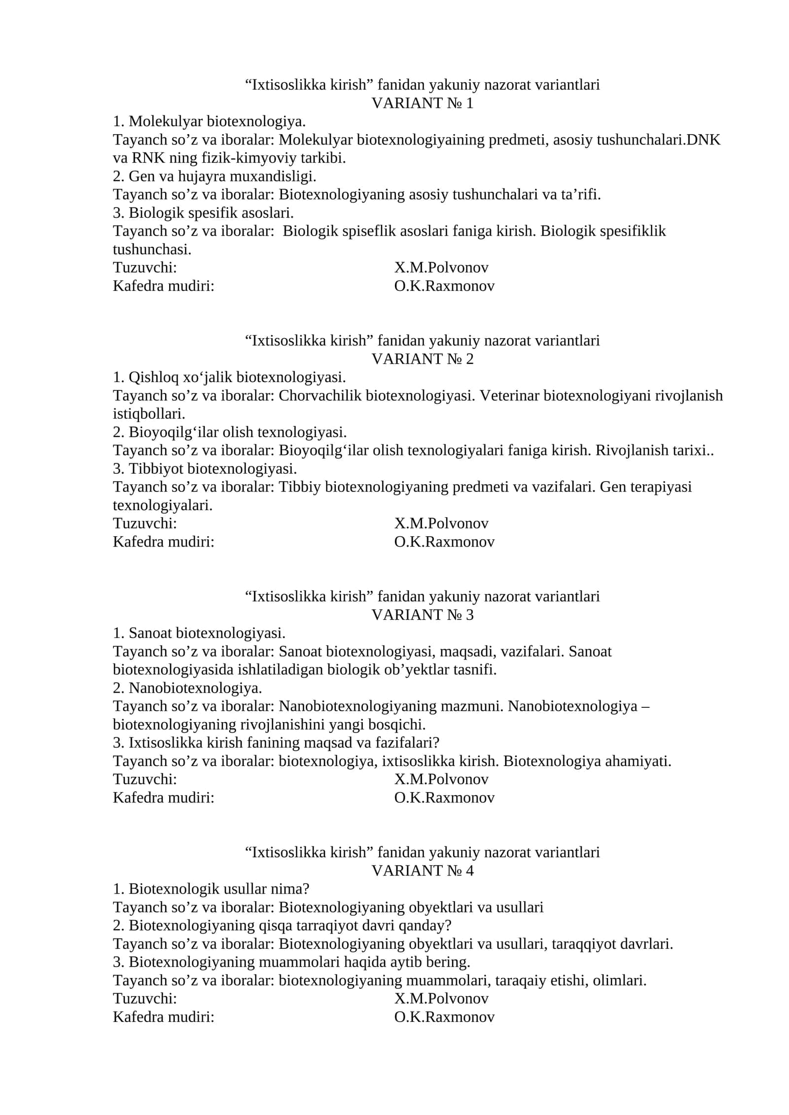 Ixtisoslikka kirish fanidan yakuniy nazorat variantlari