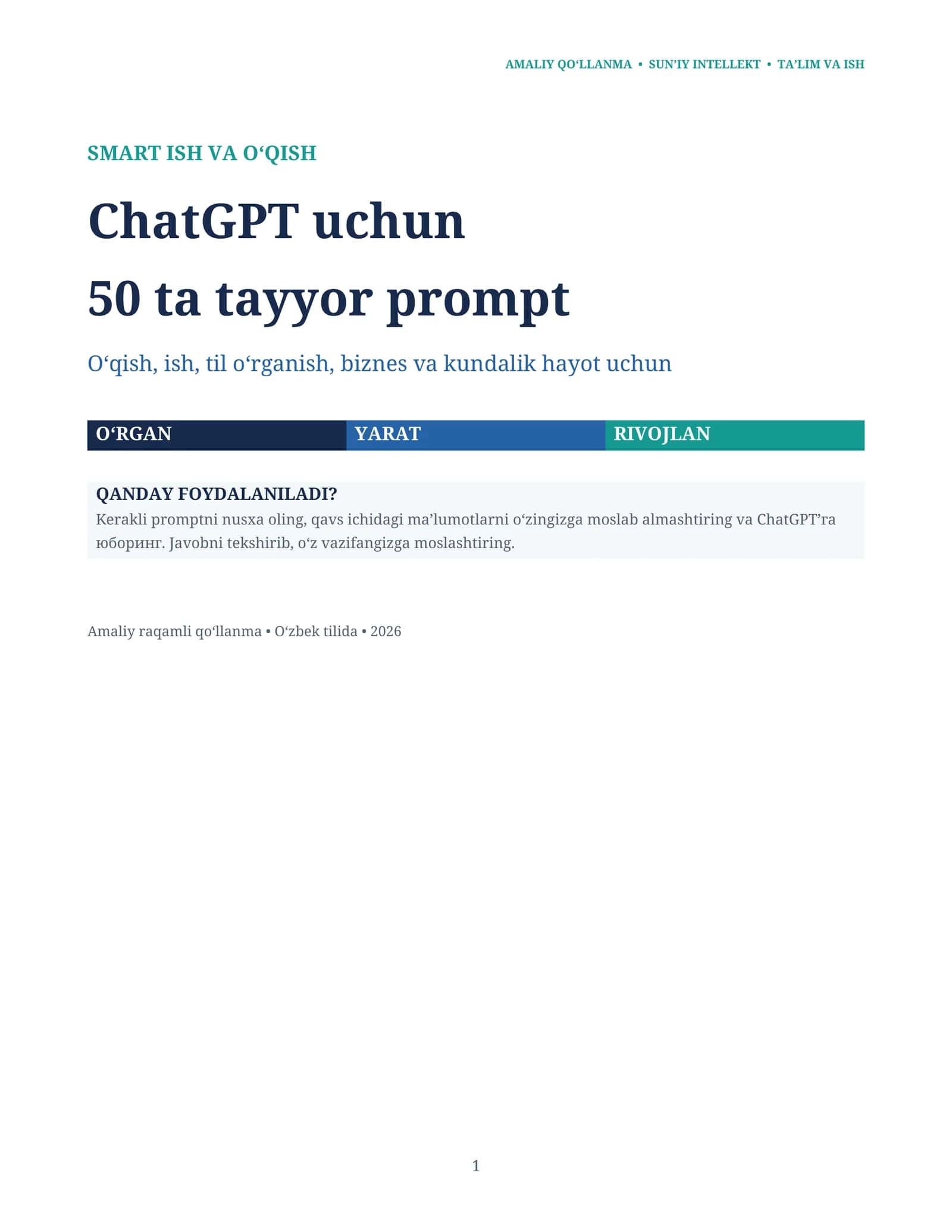 ChatGPT uchun 50 ta tayyor prompt — O‘zbek tilida