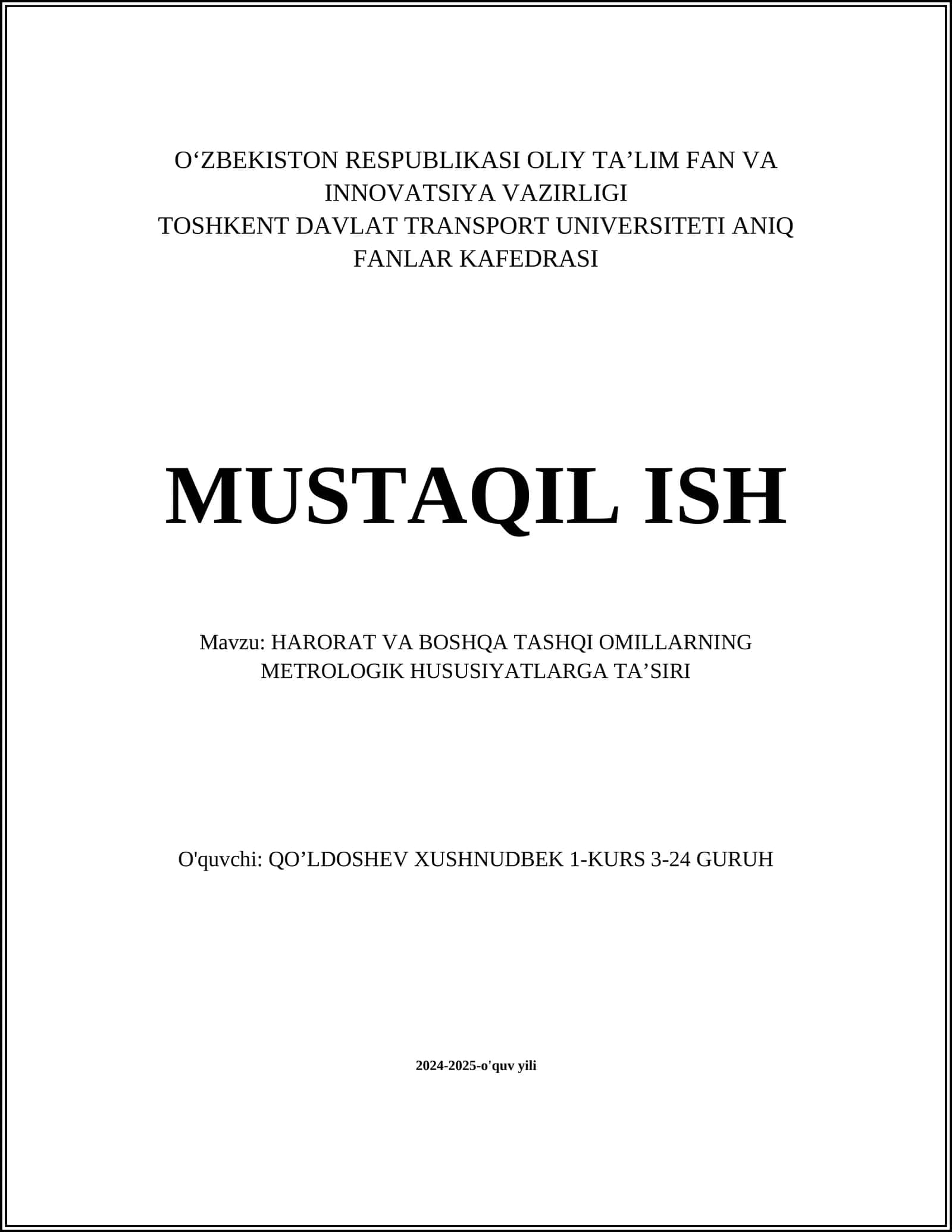 HARORAT VA BOSHQA TASHQI OMILLARNING METROLOGIK HUSUSIYATLARGA TA’SIRI
