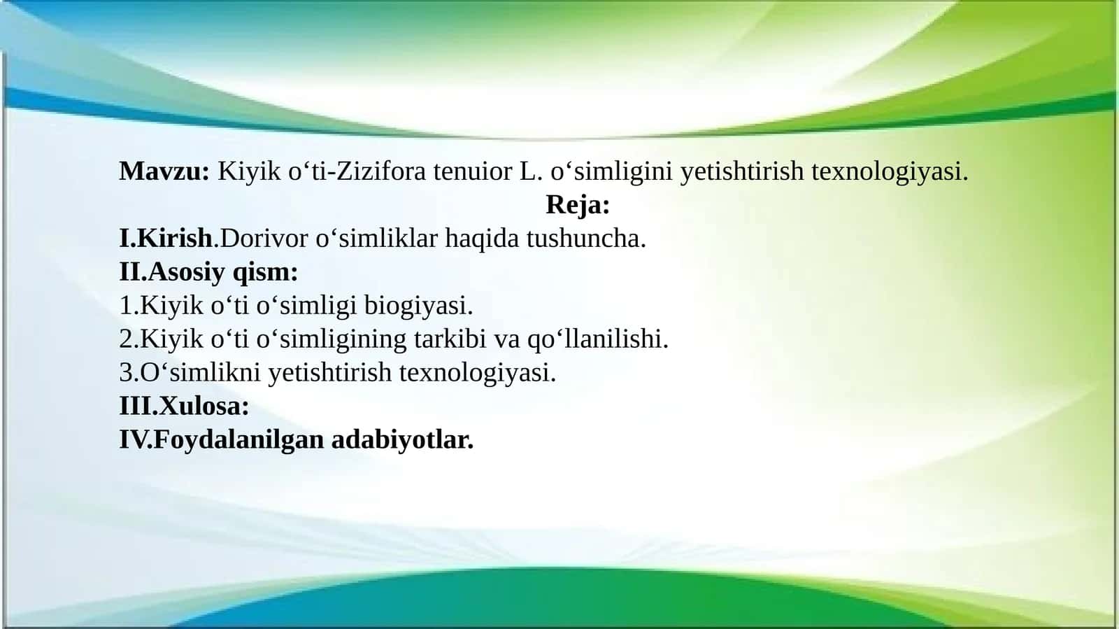 Kiyik oʻti-Zizifora tenuior L. oʻsimligini yetishtirish texnologiyasi
