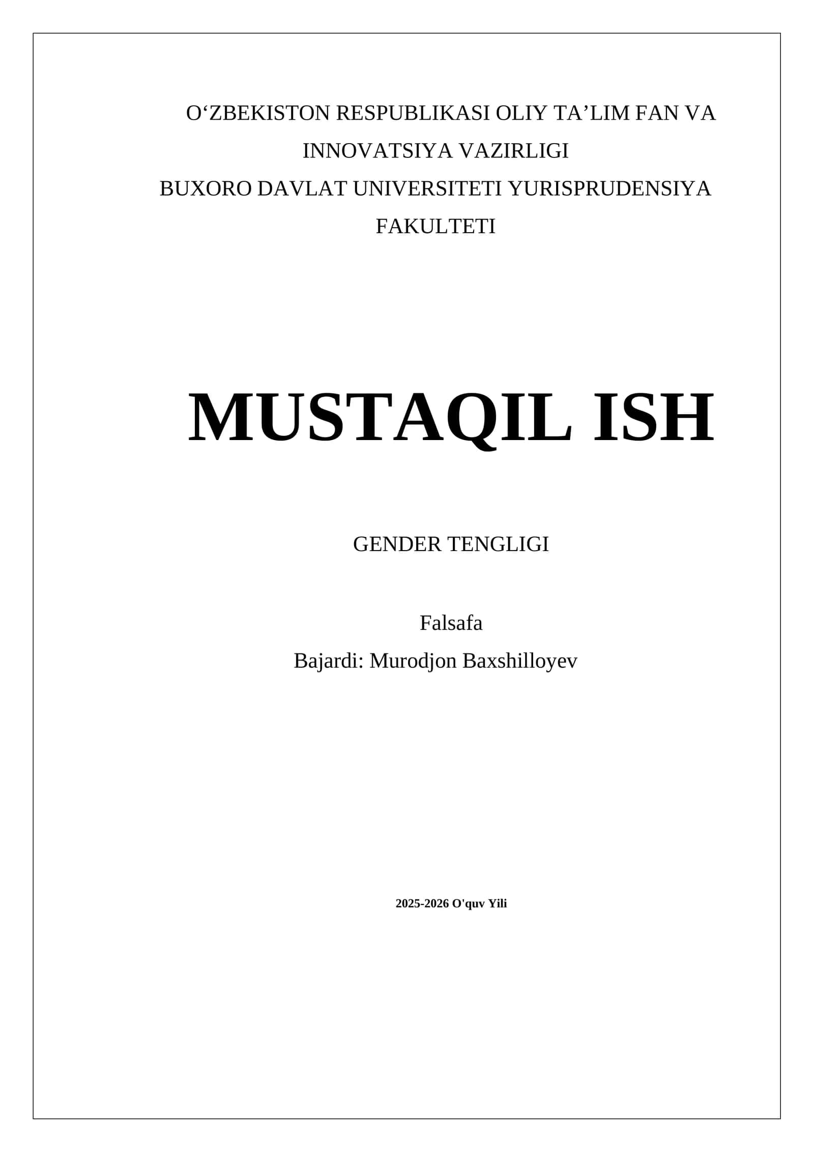 MUSTAQIL ISH GENDER TENGLIGI