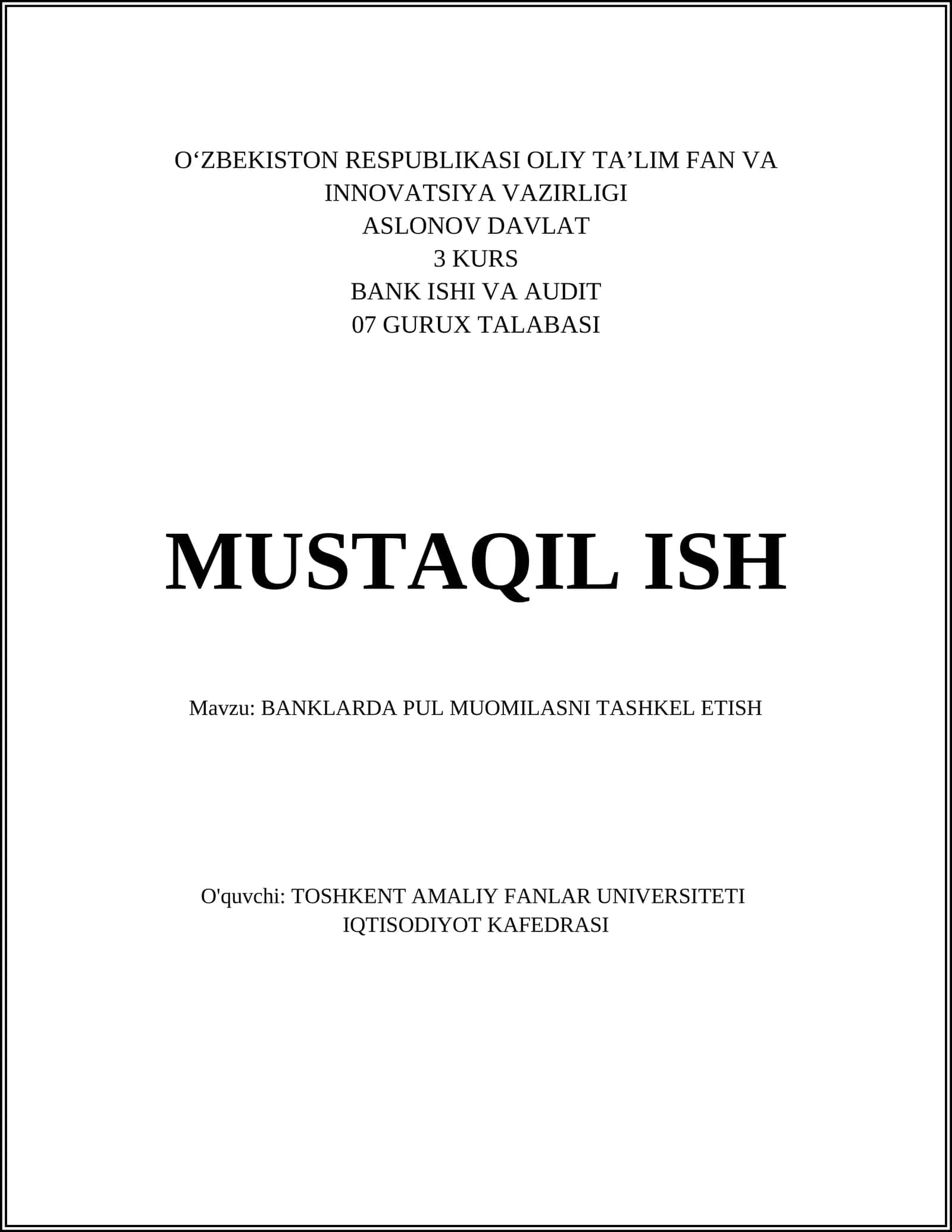 BANKLARDA PUL MUOMILASNI TASHKEL ETISH