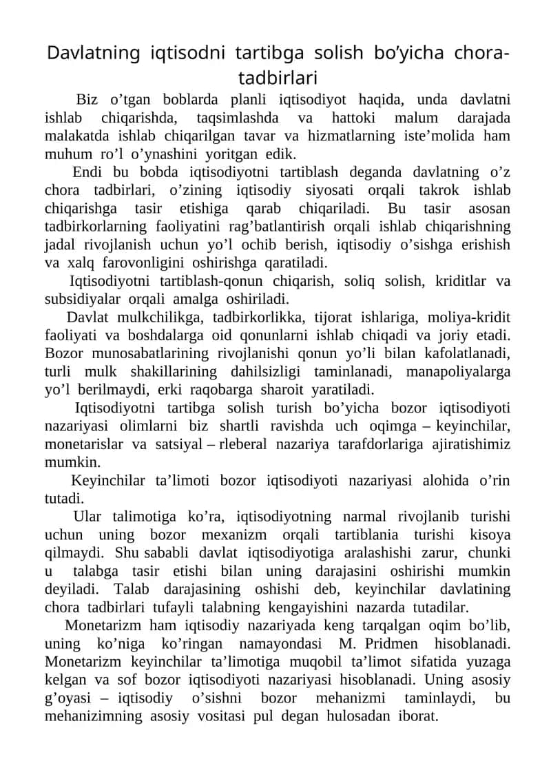Davlatning iqtisodni tartibga solish bo’yicha chora-tadbirlari