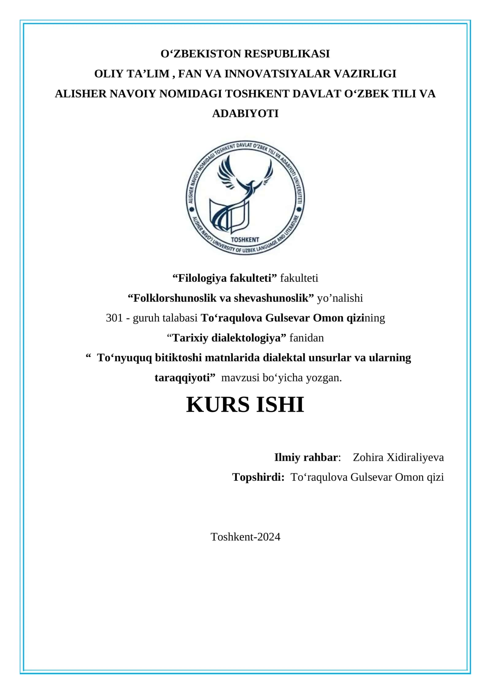 “ Toʻnyuquq bitiktoshi matnlarida dialektal unsurlar va ularning taraqqiyoti” mavzusi bo‘yicha yozgan.