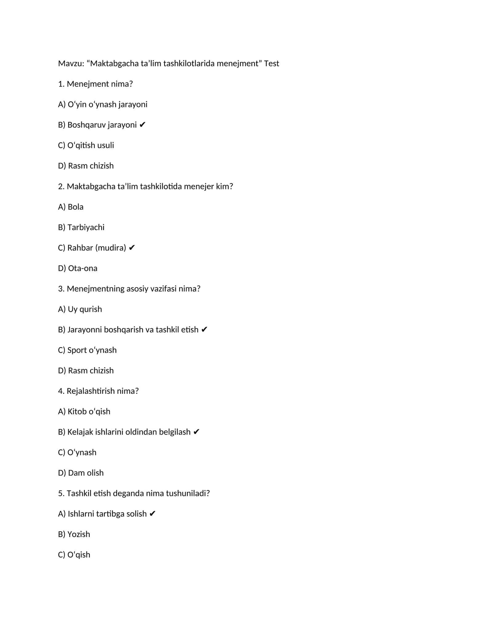 “Maktabgacha ta’lim tashkilotlarida menejment” Test