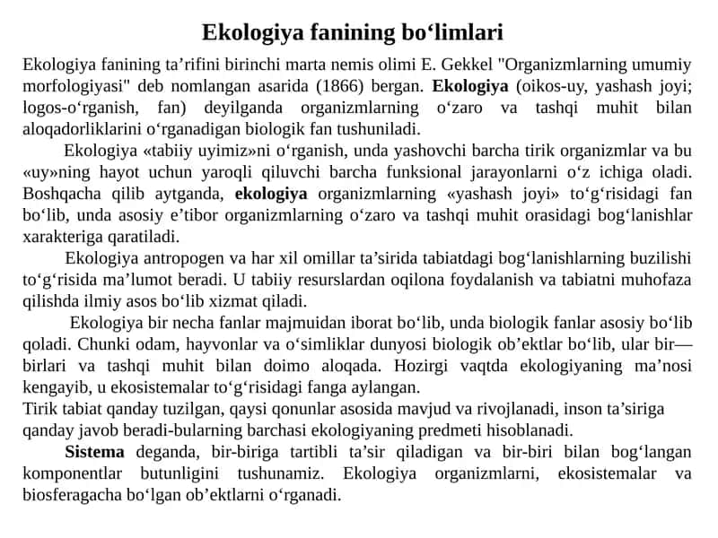Ekologiya fanining bo‘limlari