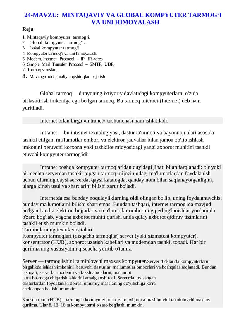Global kompyuter tarmoq‘i va uni himoyalash