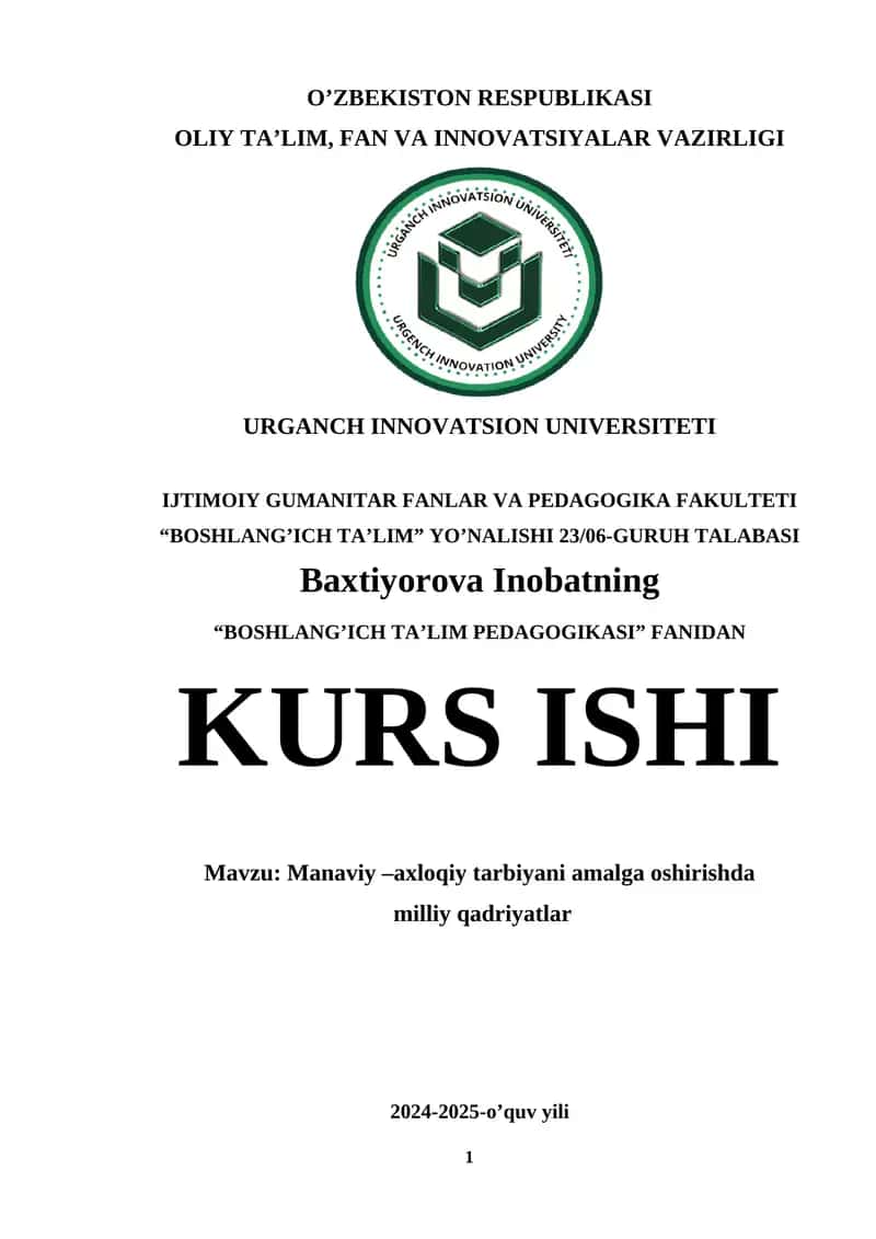 Boshlang'ich ta'lim pedagogikasi kurs ishi