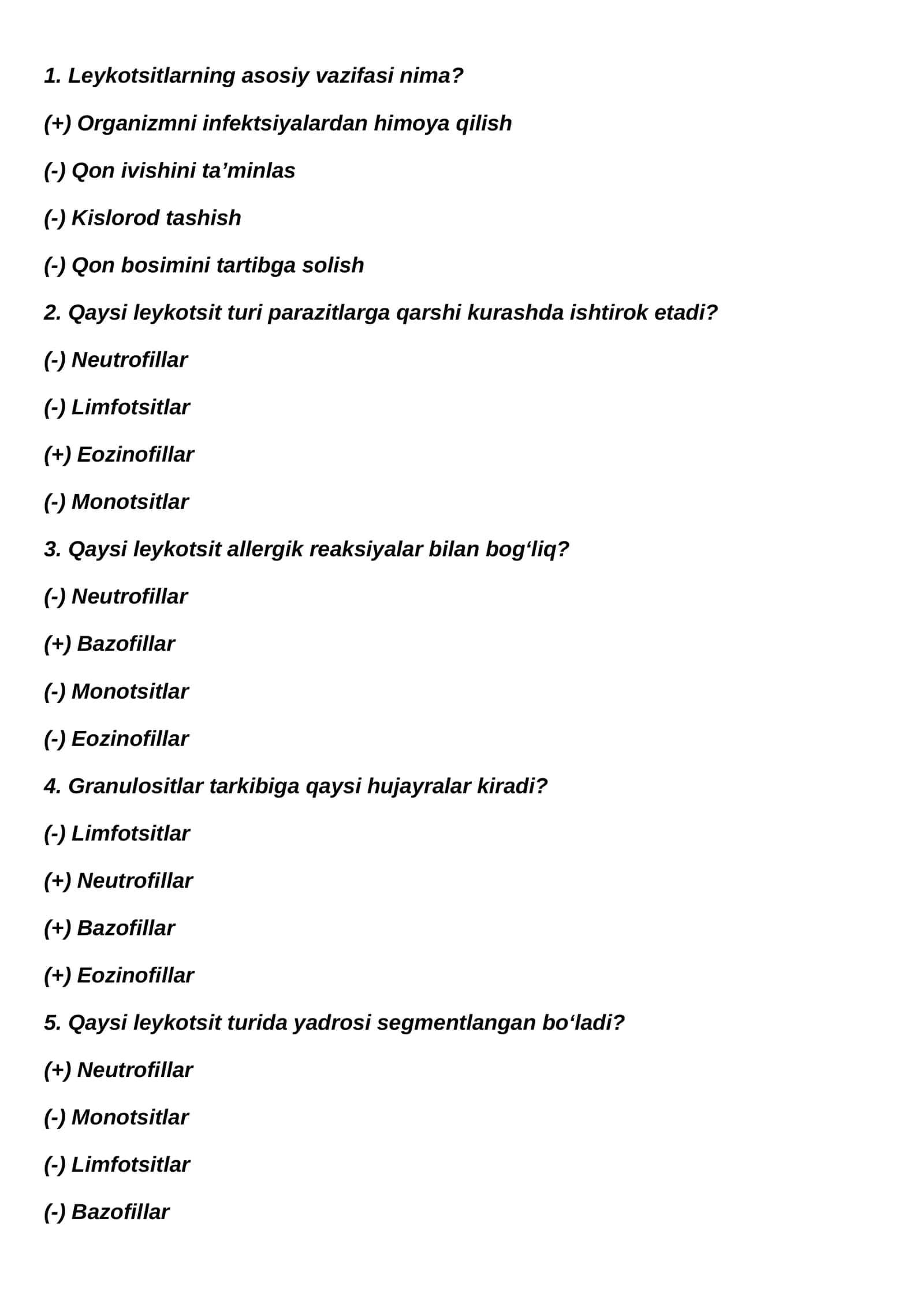 Leykotsitlar haqida test savollari