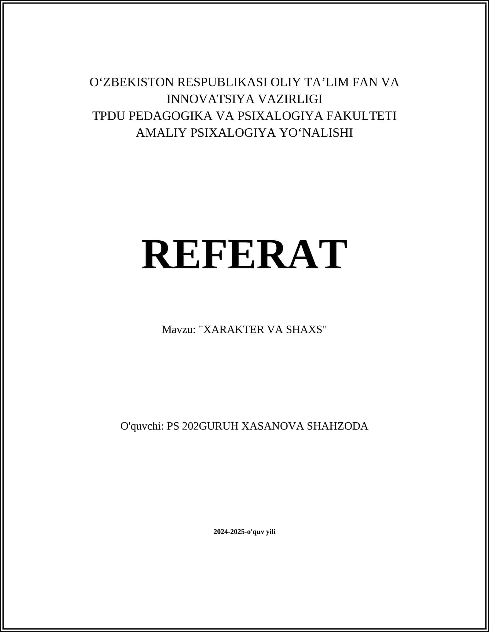 REFERAT "XARAKTER VA SHAXS"