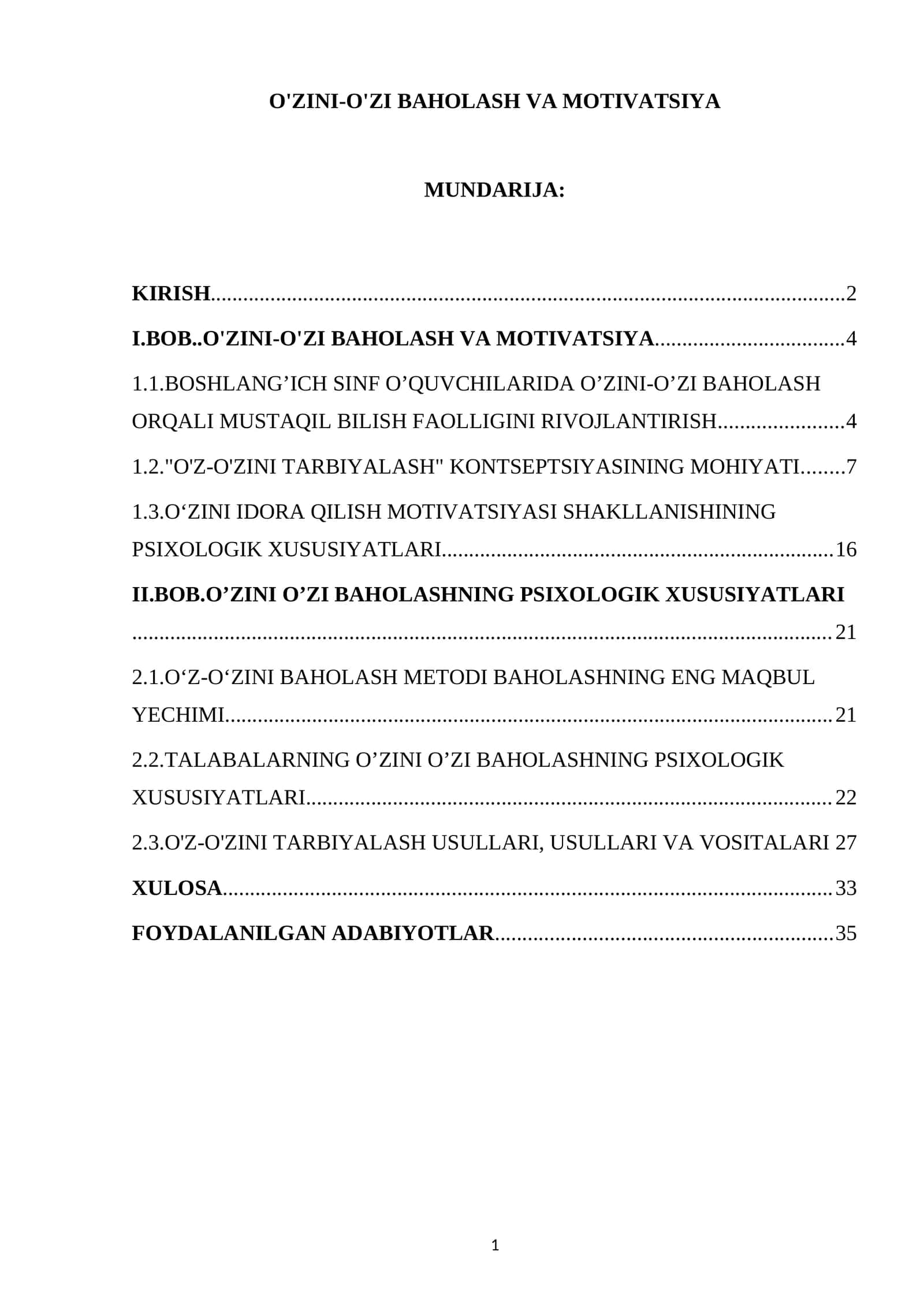 O'ZINI-O'ZI BAHOLASH VA MOTIVATSIYA