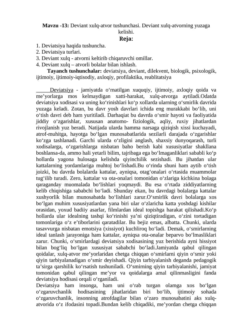 Deviant xulq-atvor tushunchasi. Deviant xulq-atvorning yuzaga kelishi.