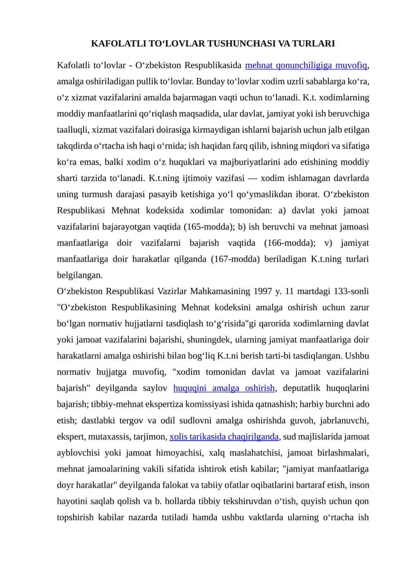 KAFOLATLI TO‘LOVLAR TUSHUNCHASI VA TURLARI
