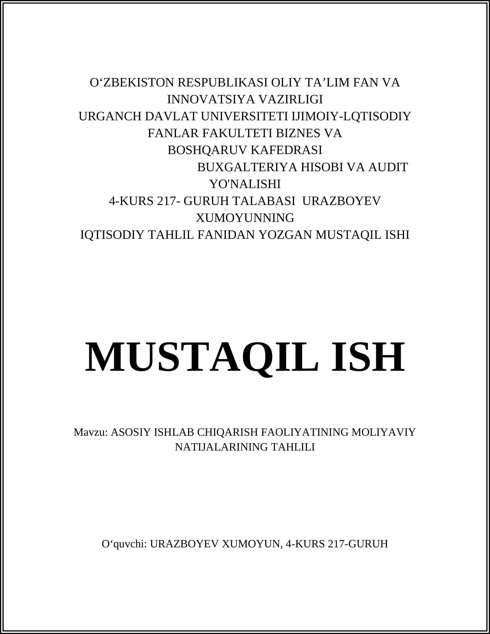 ASOSIY ISHLAB CHIQARISH FAOLIYATINING MOLIYAVIY NATIJALARINING TAHLILI