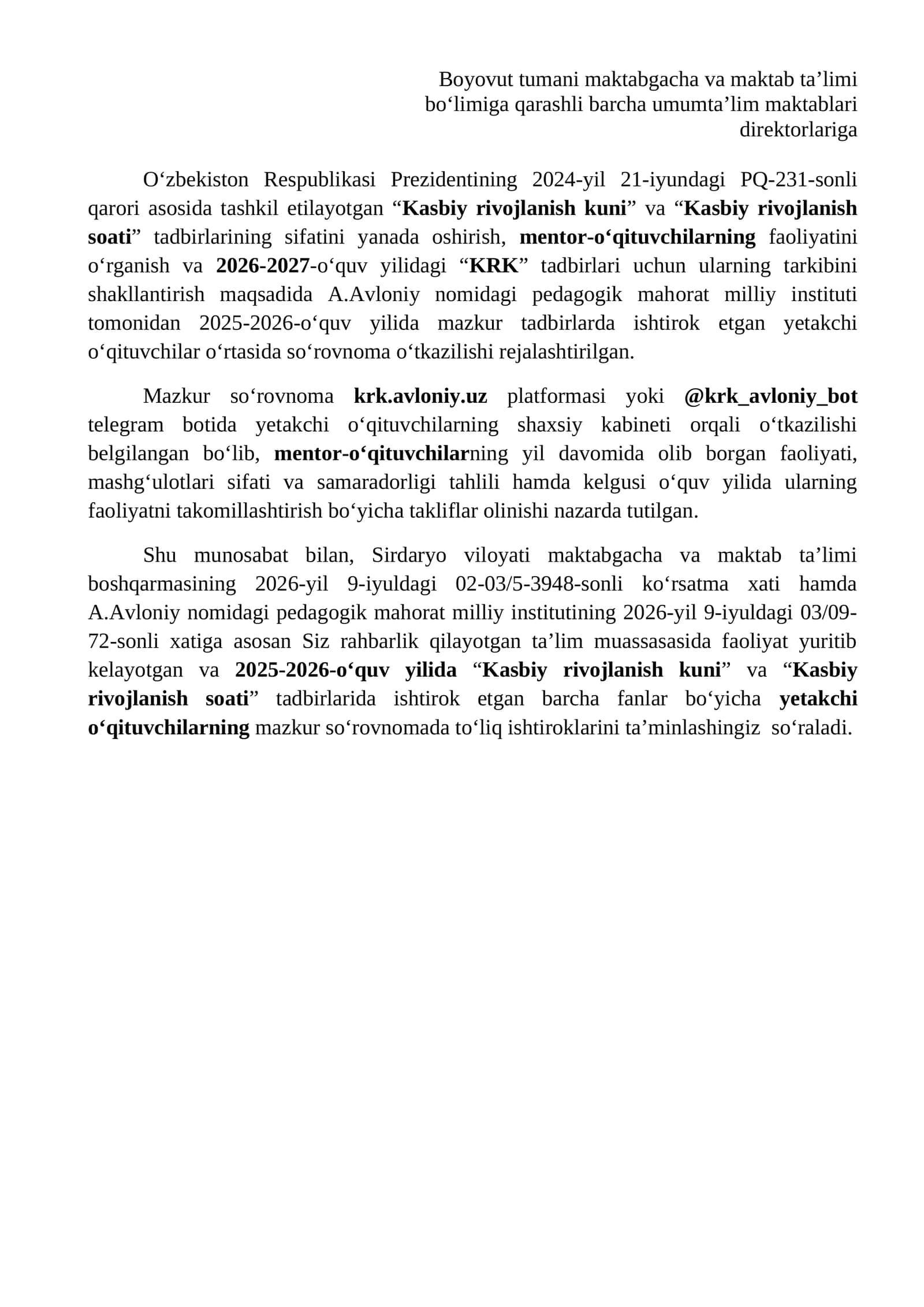 "Kasbiy rivojlanish kuni" va "Kasbiy rivojlanish soati" tadbirlari