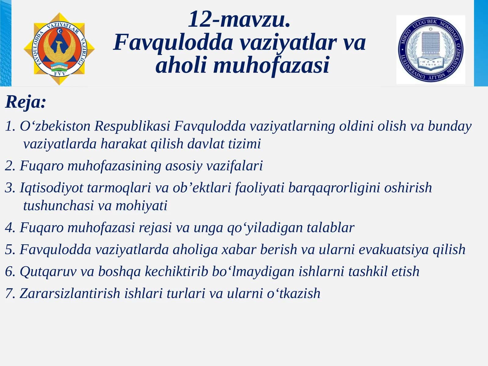 Favquloddavaziyatlar va aholimuhofazasi