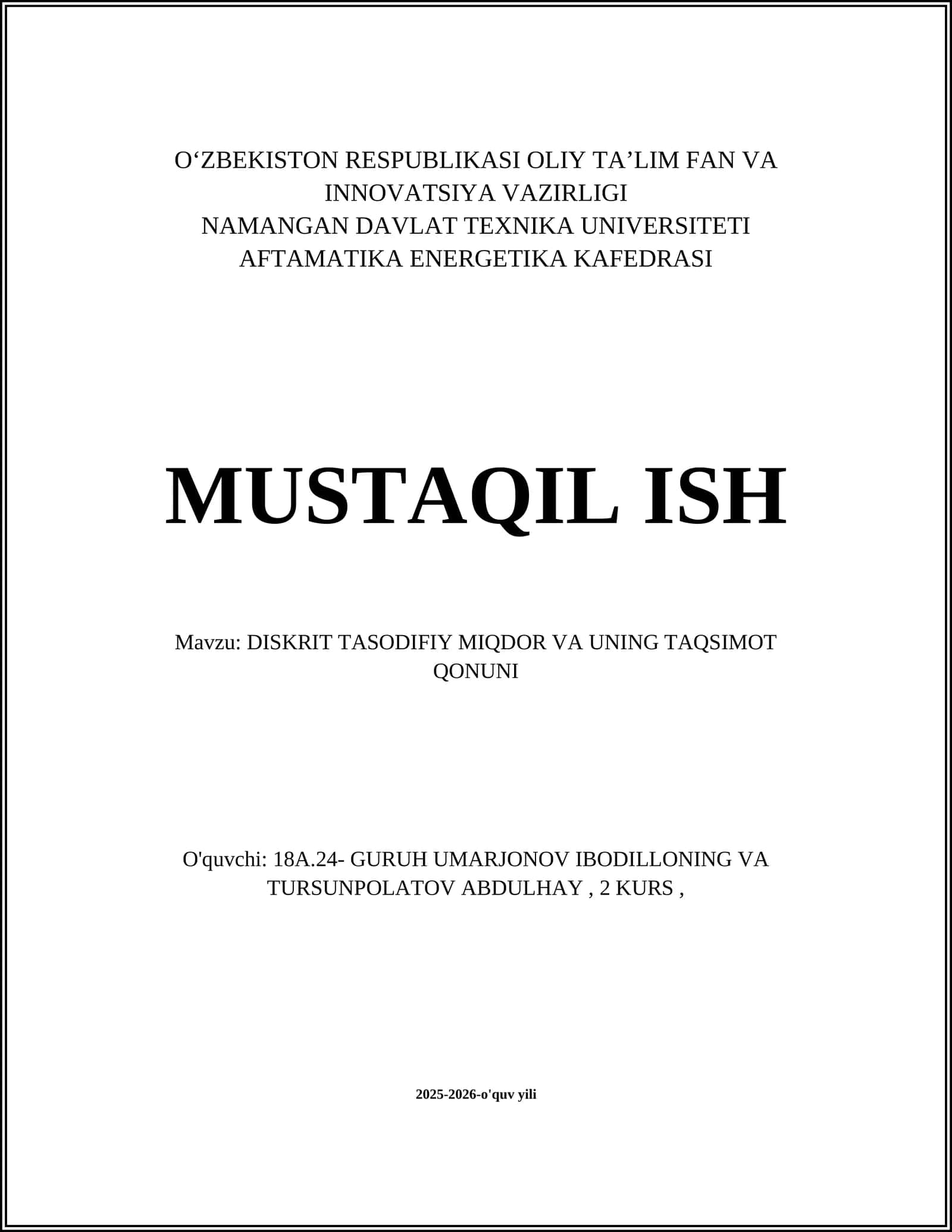 DISKRIT TASODIFIY MIQDOR VA UNING TAQSIMOT QONUNI