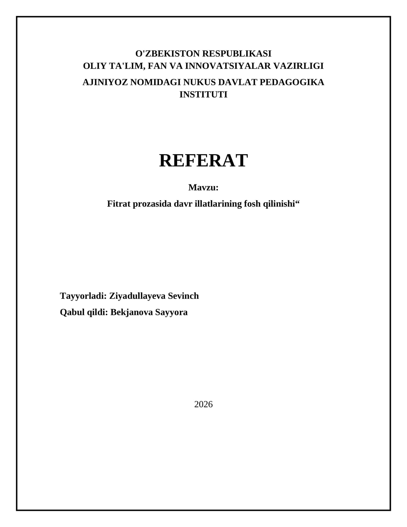 Fitrat prozasida davr illatlarining fosh qilinishi