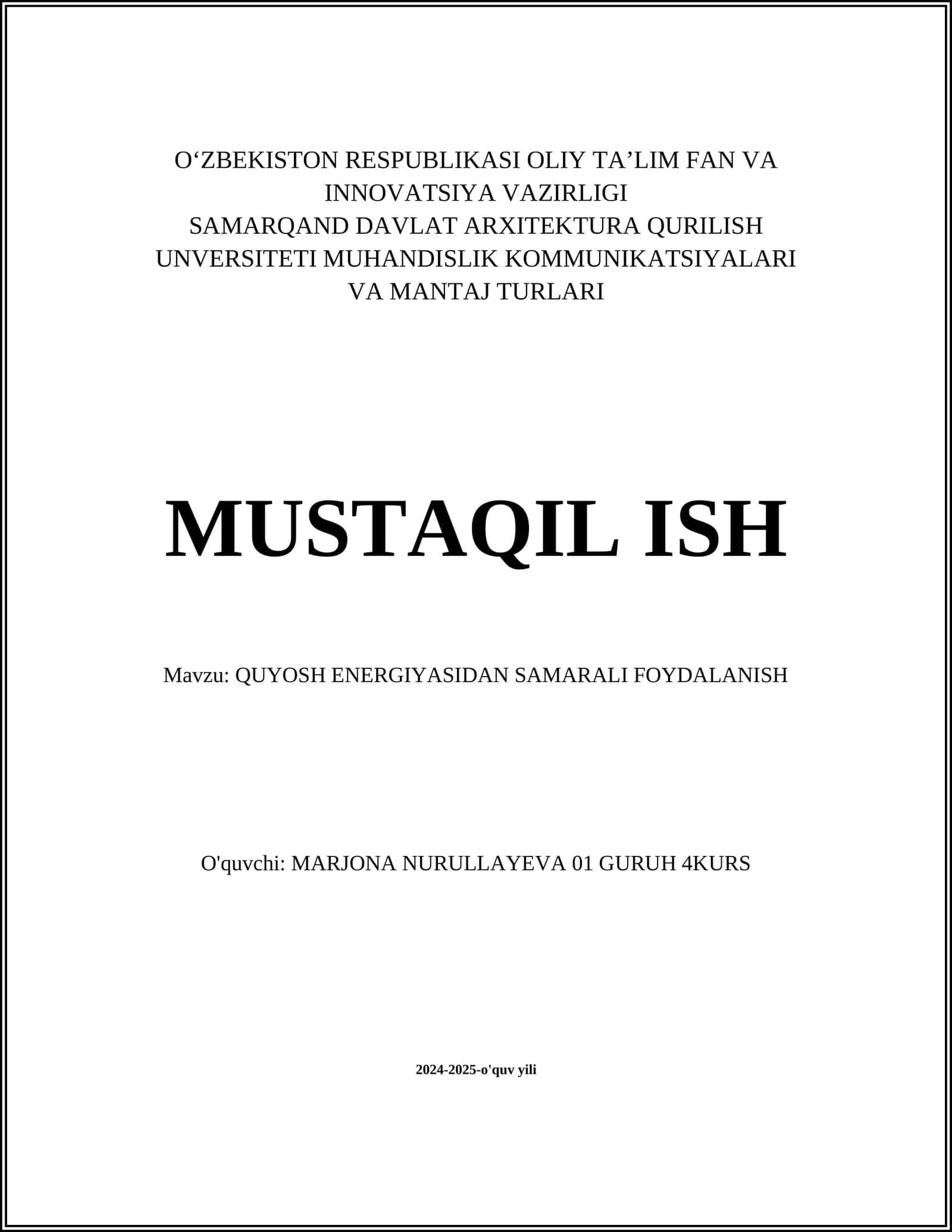 QUYOSH ENERGIYASIDAN SAMARALI FOYDALANISH