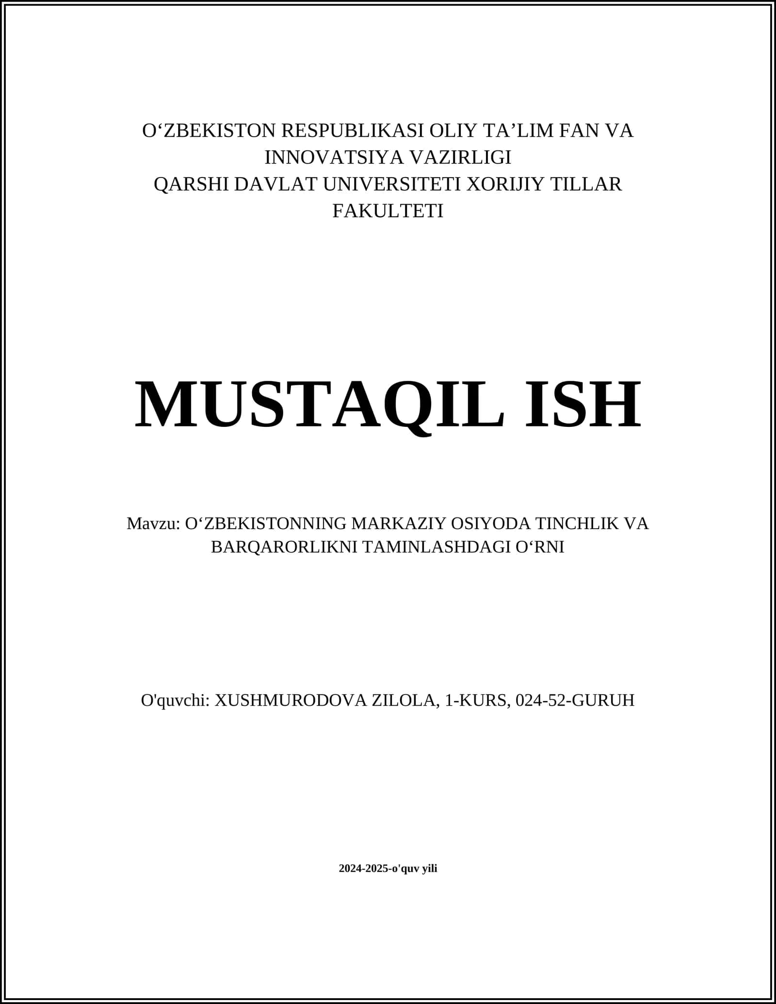 O‘zbekistonning Markaziy Osiyoda Tinchlik va Barqarorlikni Taminlashdagi O‘rni