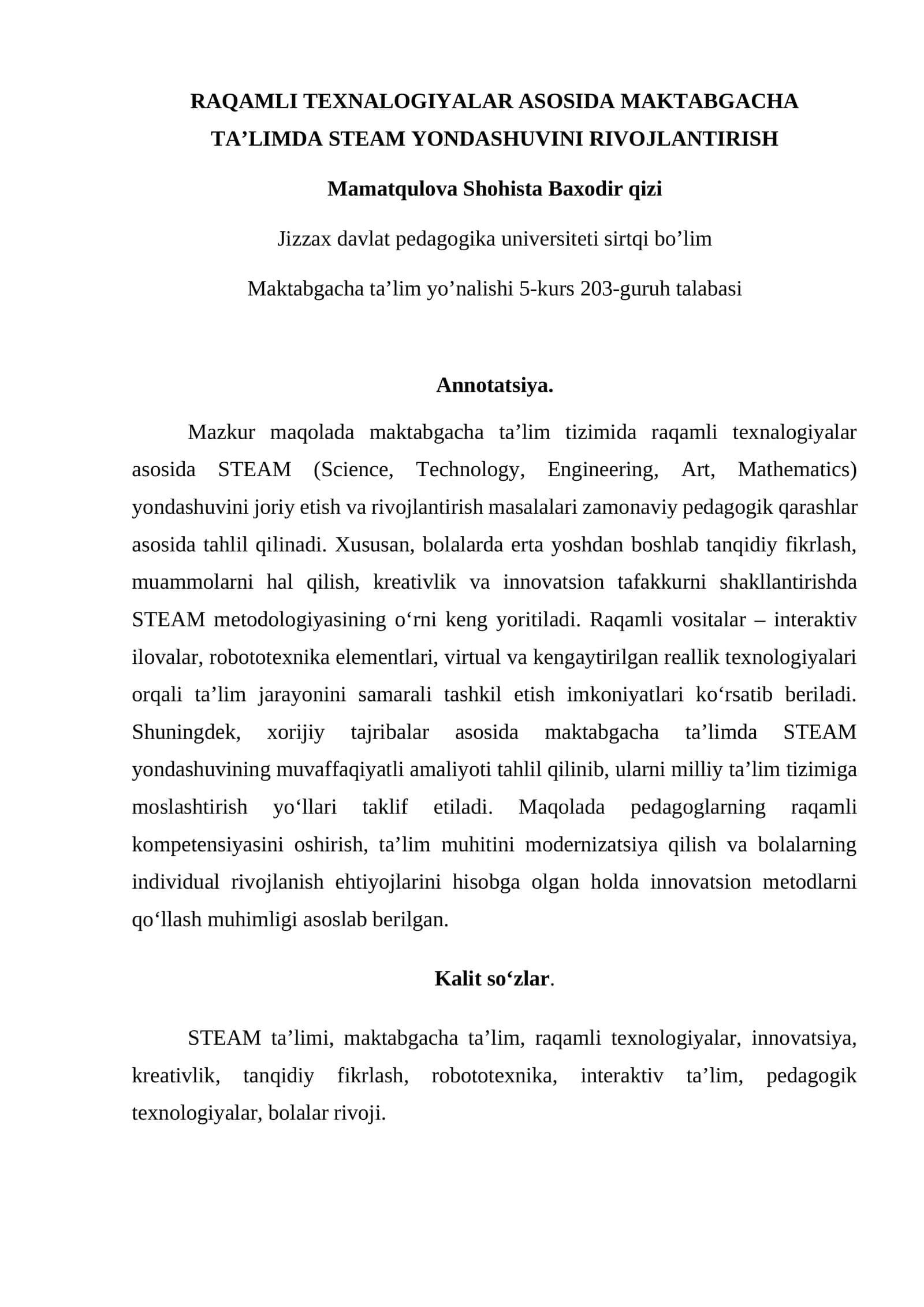RAQAMLI TEXNALOGIYALAR ASOSIDA MAKTABGACHA TA’LIMDA STEAM YONDASHUVINI RIVOJLANTIRISH