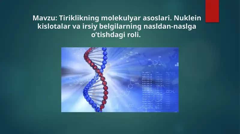 Tiriklikning molekulyar asoslari. Nuklein kislotalar va irsiy belgilarning nasldan-naslga o’tishdagi roli.