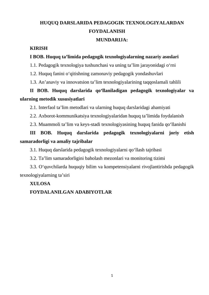 HUQUQ DARSLARIDA PEDAGOGIK TEXNOLOGIYALARDAN FOYDALANISH