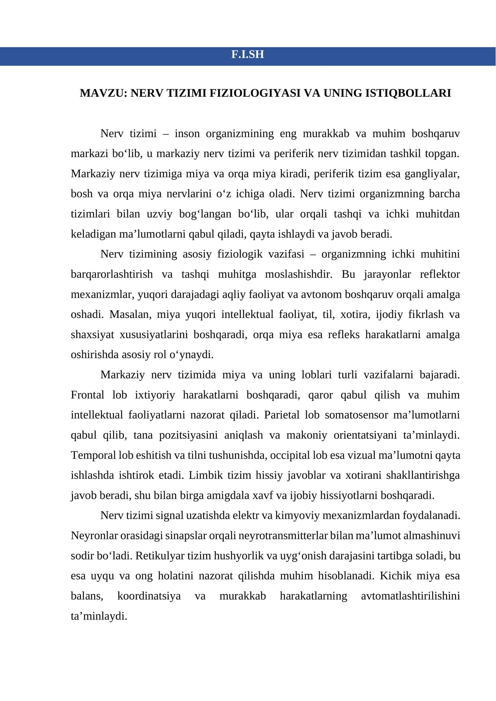 NERV TIZIMI FIZIOLOGIYASI VA UNING ISTIQBOLLARI