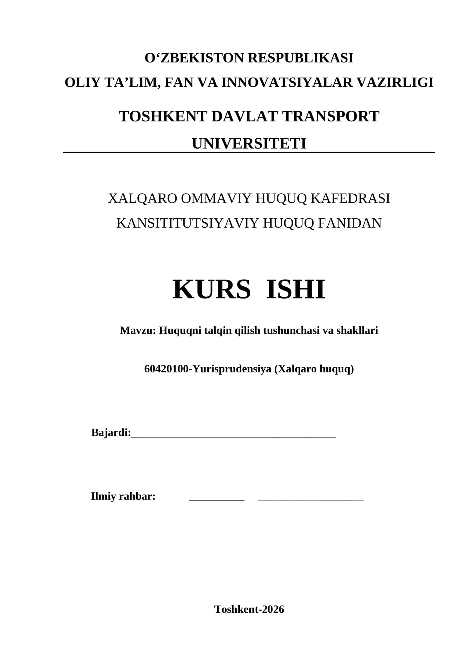 Huquqni talqin qilish tushunchasi va shakllari kurs ishi
