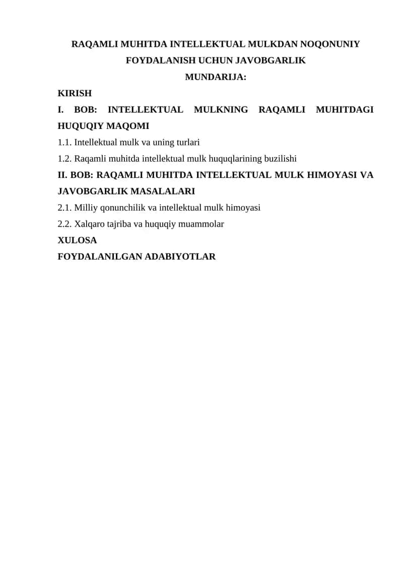 Raqamli muhitda intellektual mulkdan noqonuniy foydalanish uchun javobgarlik