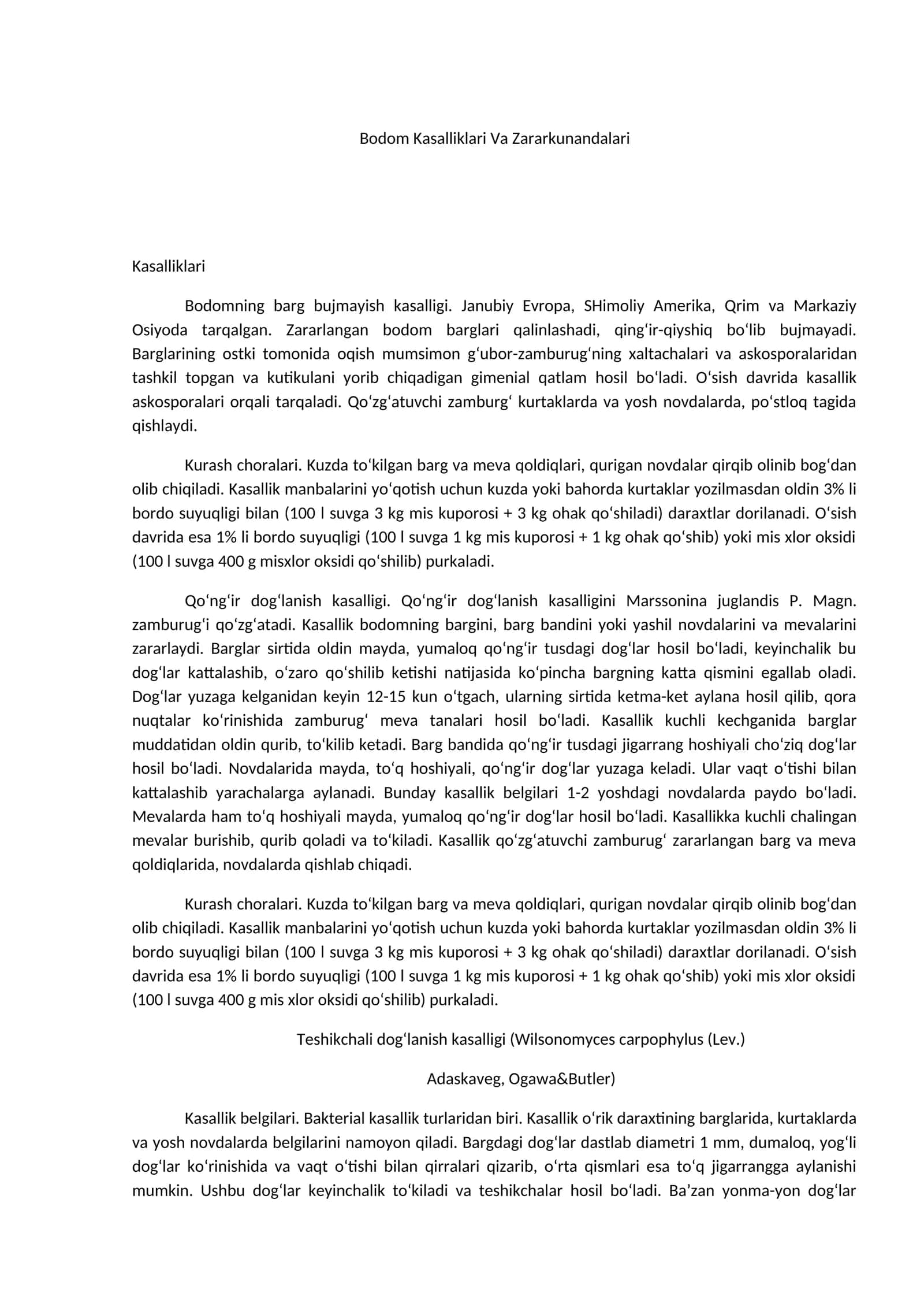 Bodom Kasalliklari Va Zararkunandalari