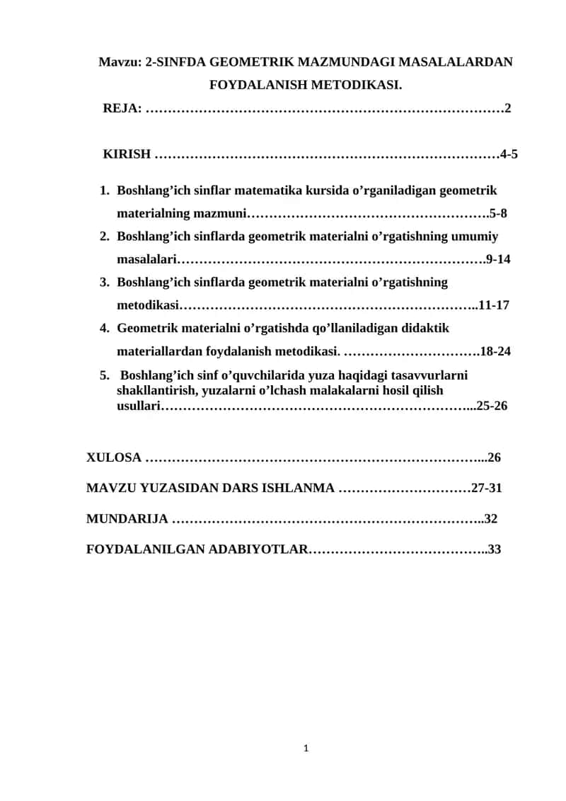2-SINFDA GEOMETRIK MAZMUNDAGI MASALALARDAN FOYDALANISH METODIKASI