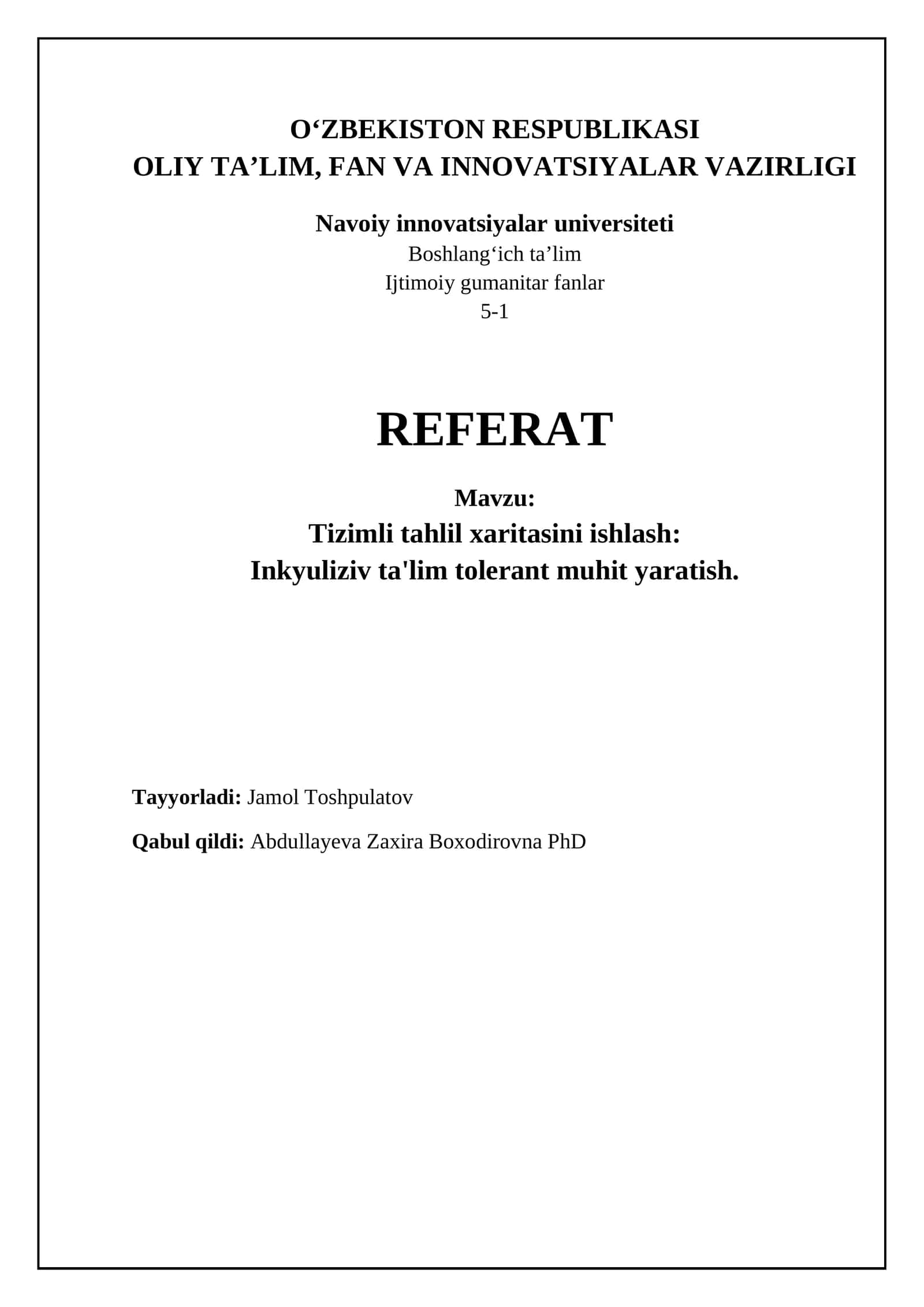 REFERAT - Tizimli tahlil xaritasini ishlash: Inkyuliziv ta'lim tolerant muhit yaratish