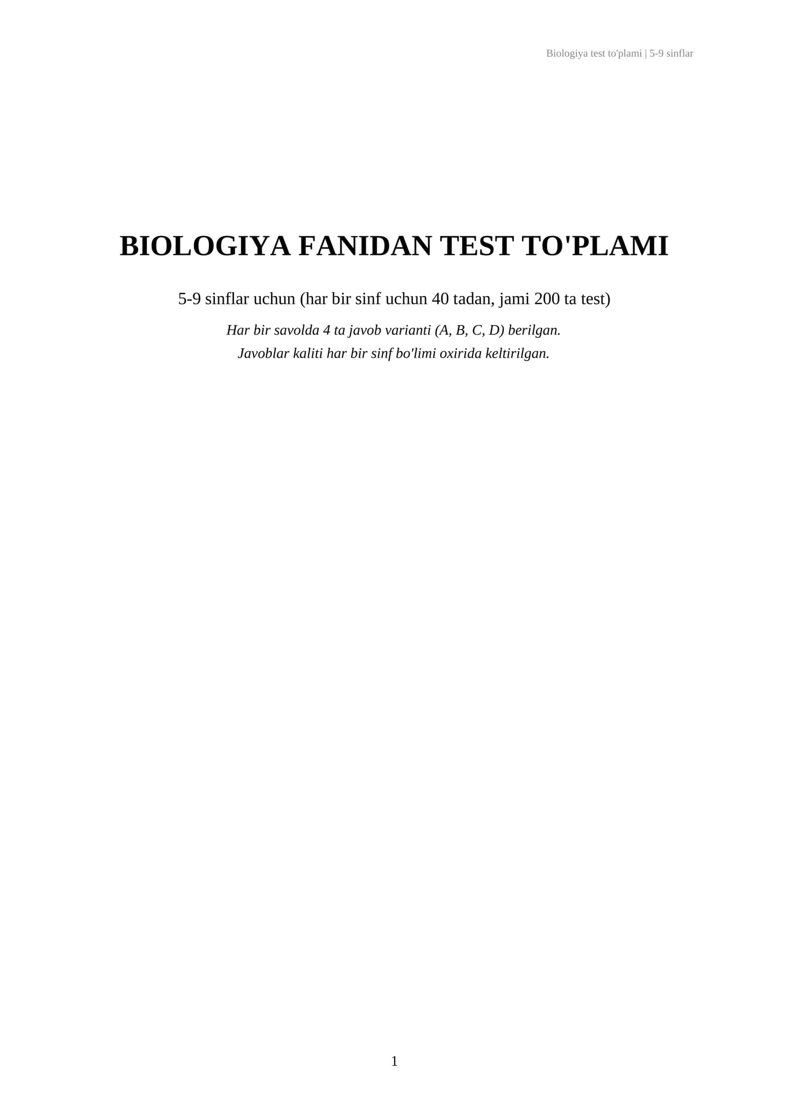 Biologiya fanidan testlar javobi bilan 5-9 sinflar