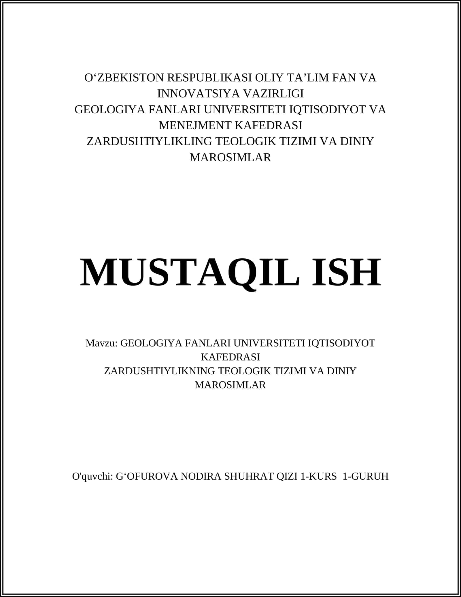 GEOLOGIYA FANLARI UNIVERSITETI IQTISODIYOT KAFEDRASI