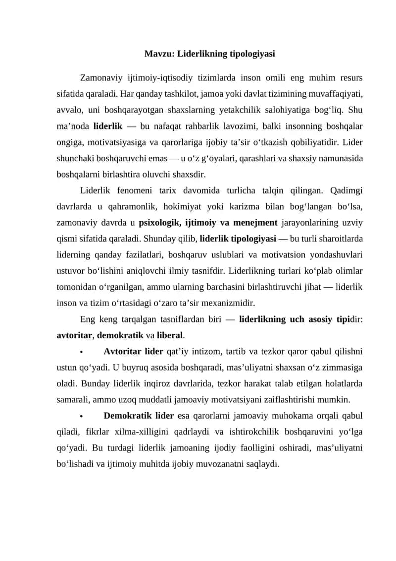 Liderlikning tipologiyasi