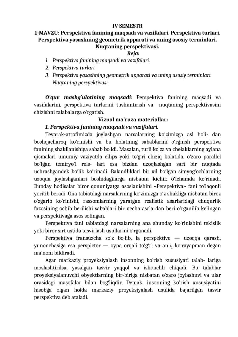 Perspektiva fanining maqsadi va vazifalari