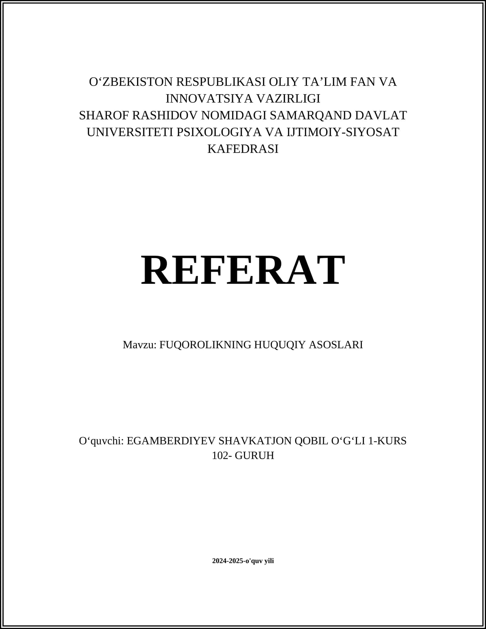 FUQOROLIKNING HUQUQIY ASOSLARI