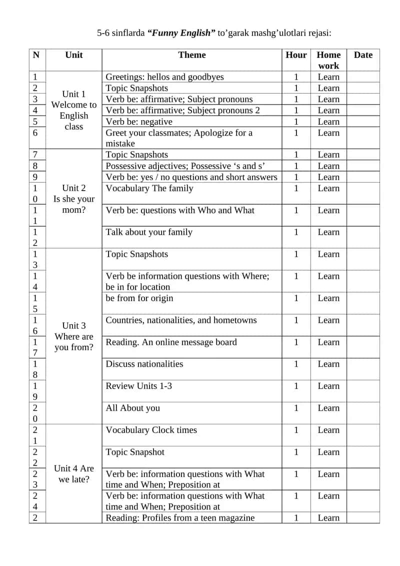 5-6 sinflarda “Funny English” to’garak mashg’ulotlari rejasi